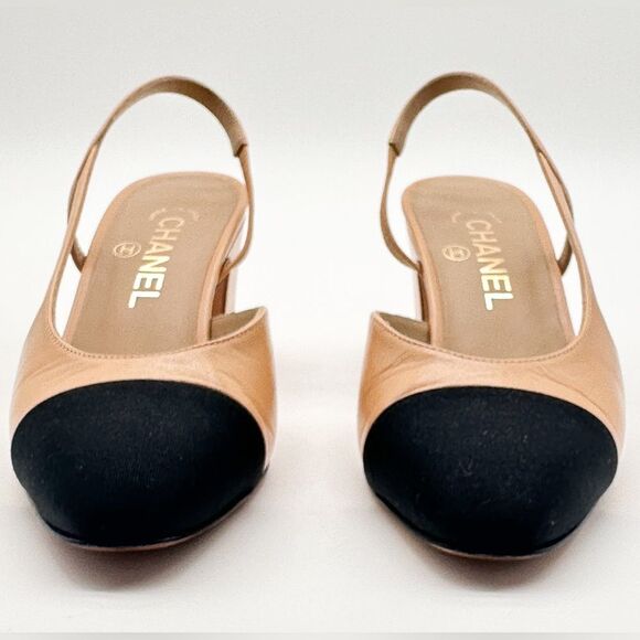 CHANEL Slingback Cap Toe Beige & Black Heels Leather Pumps EU 37.5 US 6.5-7 - Picture 15 of 15